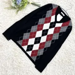 オフオン ブラック アーガイル柄 Vネック セーター 長袖 3XL 大きめサイズ