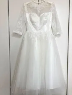 ウェディングドレス ミディアム丈 サテン×レース Aライン 2次会ドレス M