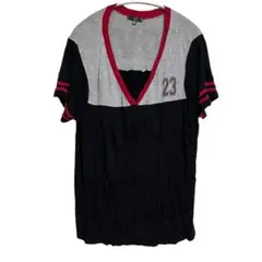 VネックTシャツ 2X 23番 グレー/ブラック