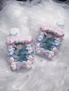 ホイップデコ トレカケースデコ フリル リボン ピンク ブルー b8 ペア