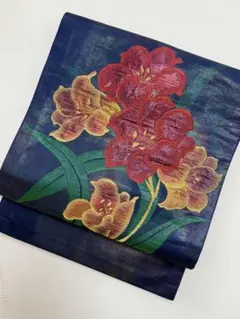 名古屋帯 花文様 百合 紺色系