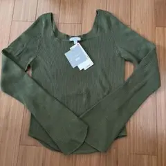 ユニクロ マメクロ 3Dリブ スクエアネック ニット カーキ　L 新品タグ付き