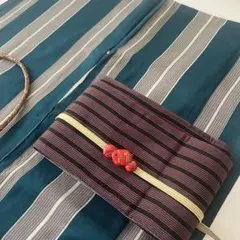 リバーシブル半幅帯 青花紬×縞小紋