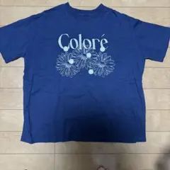 Colore フラワー刺繍 半袖Tシャツ ネイビー
