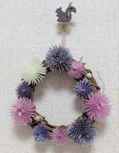 ポンポンフラワーの小さいリース 10cm【ハンドメイド】