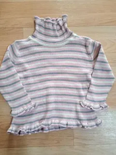 フリル付きハイネックニットセーター　90　ピンクストライプ　長袖　ベビー　女の子