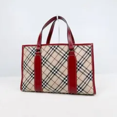 【美品】バーバリーBL トートバッグ ノバチェック レッド キャンバス レザー