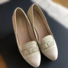 パンプス　ベージュ リボン　おしゃれヒール　S 【feminine cafe】のサムネイル