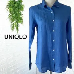 2598【ユニクロ】プレミアムリネンシャツ 麻100％ 長袖 ブルー L