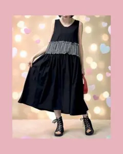 ♠♥♣♦ウエスト異素材シャーリングワンピース