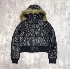 Y2K ファー付き 中綿ブルゾン 短丈 光沢 ブラック 平成ギャル