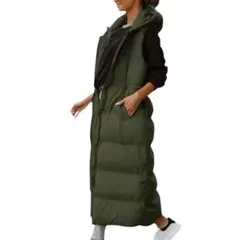 フードつきノースリーブロング丈ダウンコート　ダウンベスト　カーキグリーン