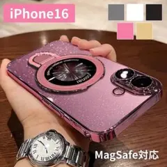 iPhone16ケース スマホリング magsafe対応 レンズ保護ピンク