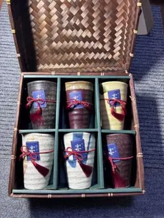 【未使用】庫山窯 前畑陶器 一期一会 宴 フリーカップ 6客セット 竹籠付きのサムネイル