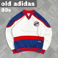 【希少】アディダス Vネックスウェット ボーダー 80s 銀タグ ロゴ刺繍 美品