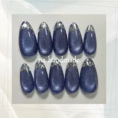 ネイルチップ　ブルー　マグネット　ガラスフレンチ　ワンカラー