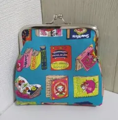 がま口ポーチ ねこの絵本 エメラルドグリーン ハンドメイド