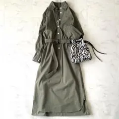 極美品☆アンタイトル ベルテッド シャツワンピース ロング カーキ