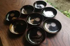 時代内黒溜塗に優美な月蒔絵の映える小皿8点（検輪島塗蒔絵皿銘々皿