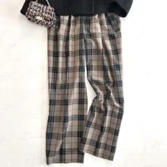 ロク 6(ROKU) 毛コットン チェックパンツ 茶色 タック ワイド ブラウン