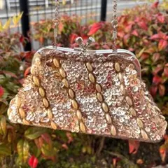 ビーズ装飾 クラッチバッグ ピンクゴールド