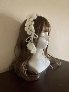 ヘッドドレス　バブーシュカ　カチューシャ ヘアバンド　かぎ編み　編み物　モヘア花