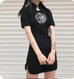 龍刺繍半袖黒色ミニチャイナワンピース