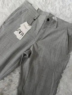 ザラ　チェック柄テーパードパンツ　グレー系　40 新品未使用