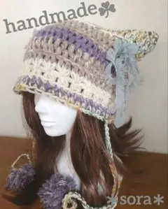 ＊〜手編み ウール 猫耳ニット帽 リボン＆ポンポン付 ハンドメイド y2k