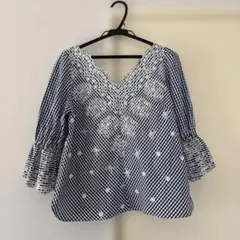インゲボルグ 未使用品 ギンガムチェック 刺繍レース 長袖ブラウス 