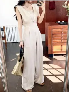ベージュ リネン風 オールインワン