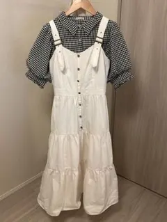 ホワイト デニムジャンパースカート ワンピース