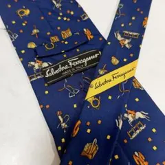 Ferragamo フェラガモ ネクタイ ブルー 馬 楽器のデザイン