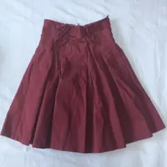 【ブラウニー】膝丈スカート フレア 編み上げ ハイウエスト ワインレッド F