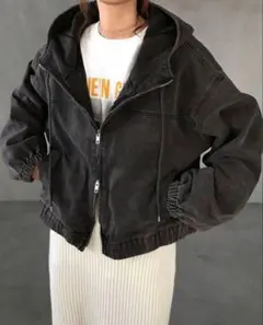 ヴィンテージ風 短丈 ダブルデニムジップアップパーカー フーディー フェード