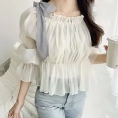 mily bilet リボン オーガンジー オフショル ブラウス M アイボリー