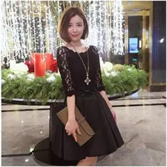 フレア ワンピース ドレス 花柄 レース ♡ブラック