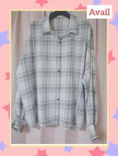 【Avail】チェック柄シアーシャツ　長袖　ホワイト　韓国　ブラウス　Lのサムネイル