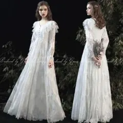 ウェディングドレス 長袖　白 総レース 袖付き　ワンピース　 花嫁ドレス 前撮り