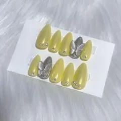 ネイルチップ 現品 韓国 ワンホン ちゅるん パール 黄色 イエロー ミラー