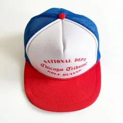 海外古着 ヘインズ プリント デカロゴ メッシュキャップ トラッカー 赤青白