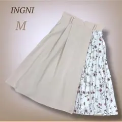 イング フレアスカート 配色切替 花柄 ミモレ丈 ギャザー 上品 きれいめ M