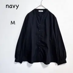 ネイビー 長袖 バンドカラーブラウス M ブラック ギャザー シンプルのサムネイル