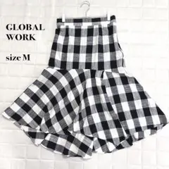 GLOBAL WORK チェック柄 アシンメトリー フレアスカート Mモノトーン