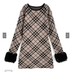 2Wayファー付きチェック柄ニットミニワンピース[ru1375]