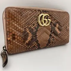 GUCCI長財布ヘビ革ピンクパイソンラウンドファスナーGGマーモント一粒