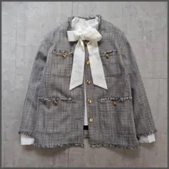 【美品】PLST ツイードジャケット ノーカラー 金ボタン セレモニー フリンジ