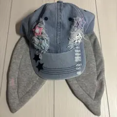 ダメージデニム キャップ 星モチーフ グレー耳付き