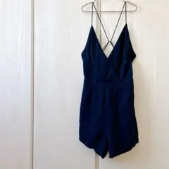 ダークブルー Vネック オールインワン　ネイビー　紺色　シンプル　夏　旅行　大人
