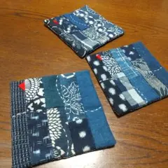 ㈩ハンドメイド パッチワーク 藍染古布 大きめコースター３枚 ミニマット 花瓶敷